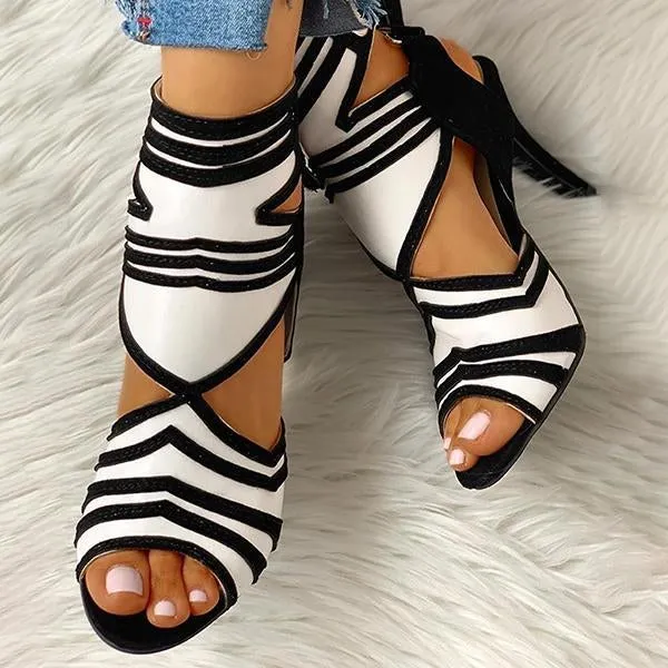 Amozae Colorblock Striped Peep Toe Thin Heeled Heels