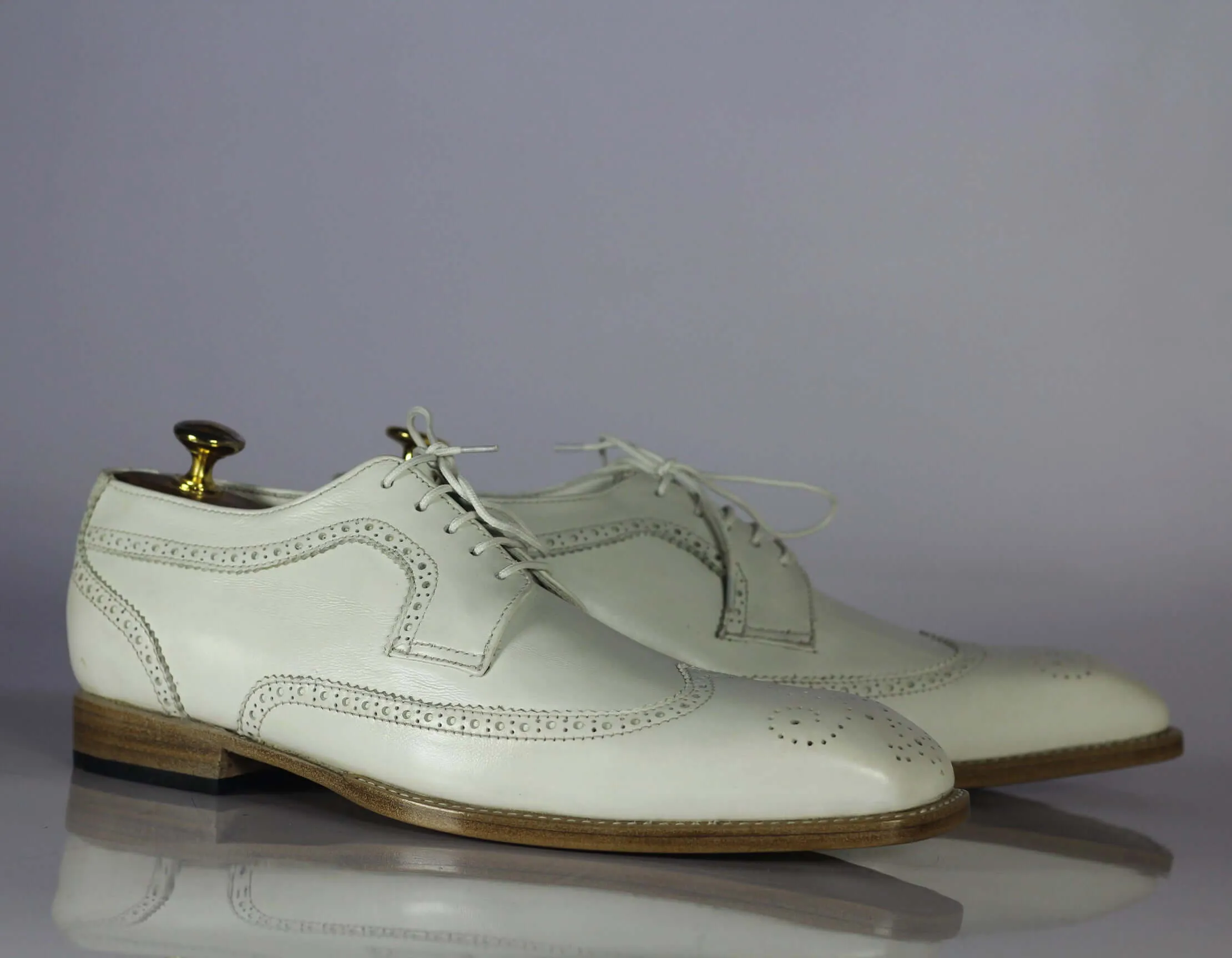 Bespoke Men's White Leather Wing Tip Brogue Lace Up Shoes