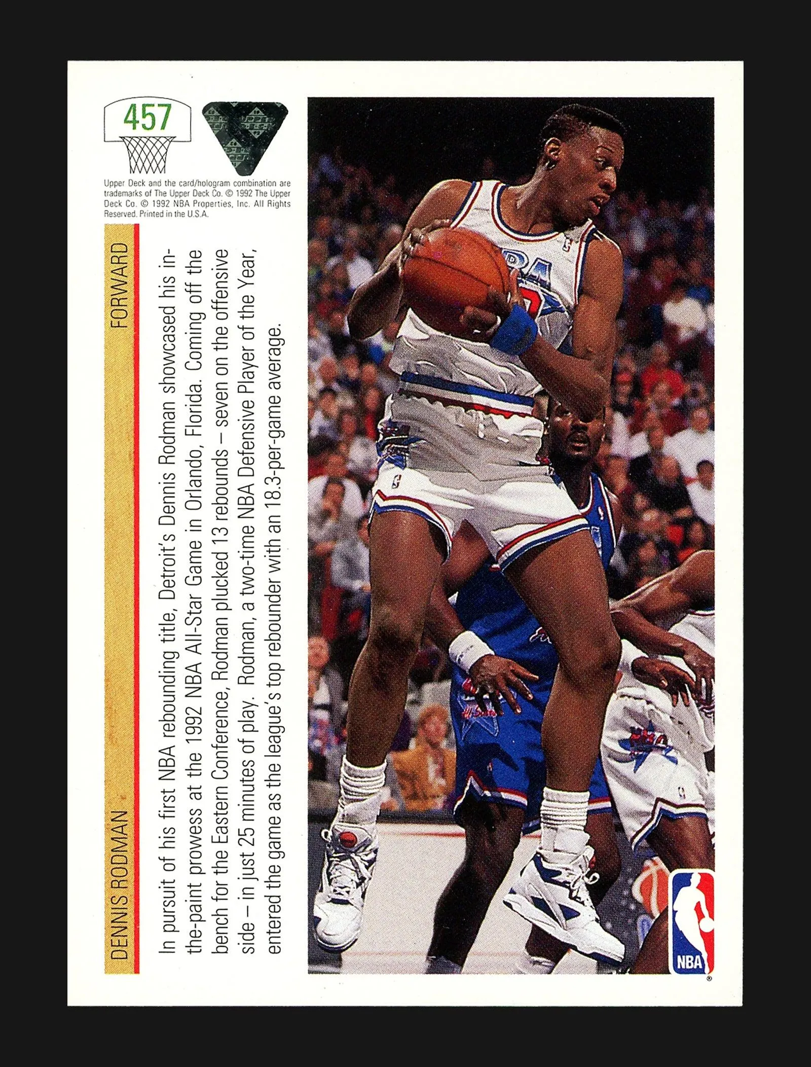 Dennis Rodman Autographed 1991-92 Upper Deck Card #457 Detroit Pistons Stock #190468