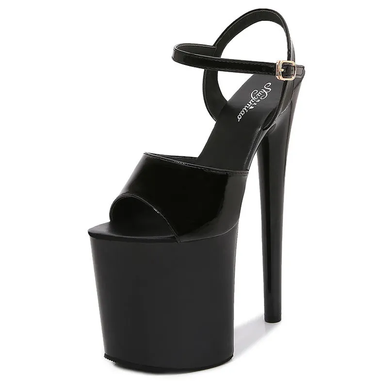 DUNNMALL  Patent Leather 20cm Special High Heels Stiletto Sexy Peep Toe Platform Platform High Heel Platform Shoes Super High Sandals Women's Summer