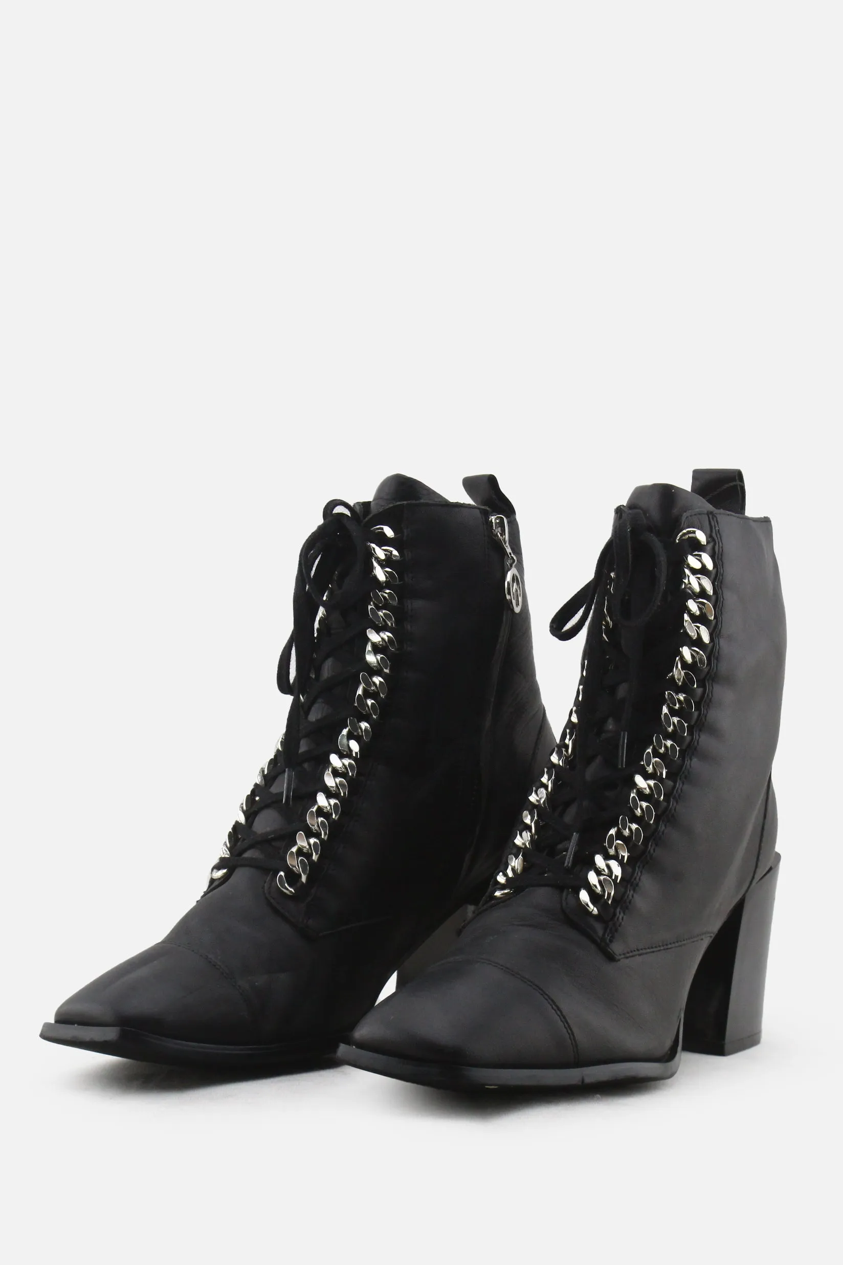 European Brand Zipper Laces Chain Block Heels Ankle Boots | 100% Authentic Leather