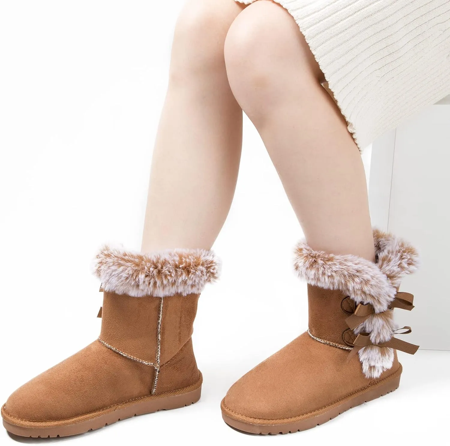 Faux Fur Winter Brown Bow Tie Suede Fluffy Boots