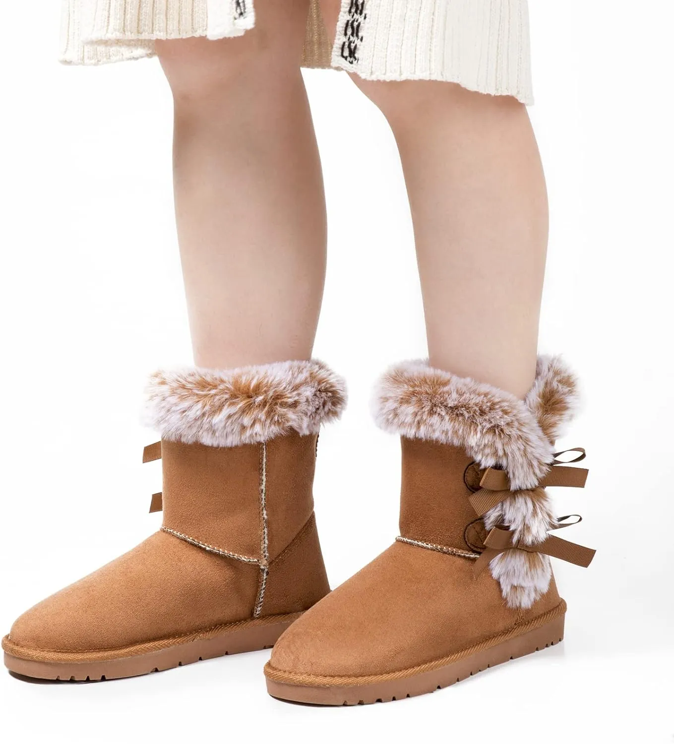 Faux Fur Winter Grey Bow Tie Suede Fluffy Boots
