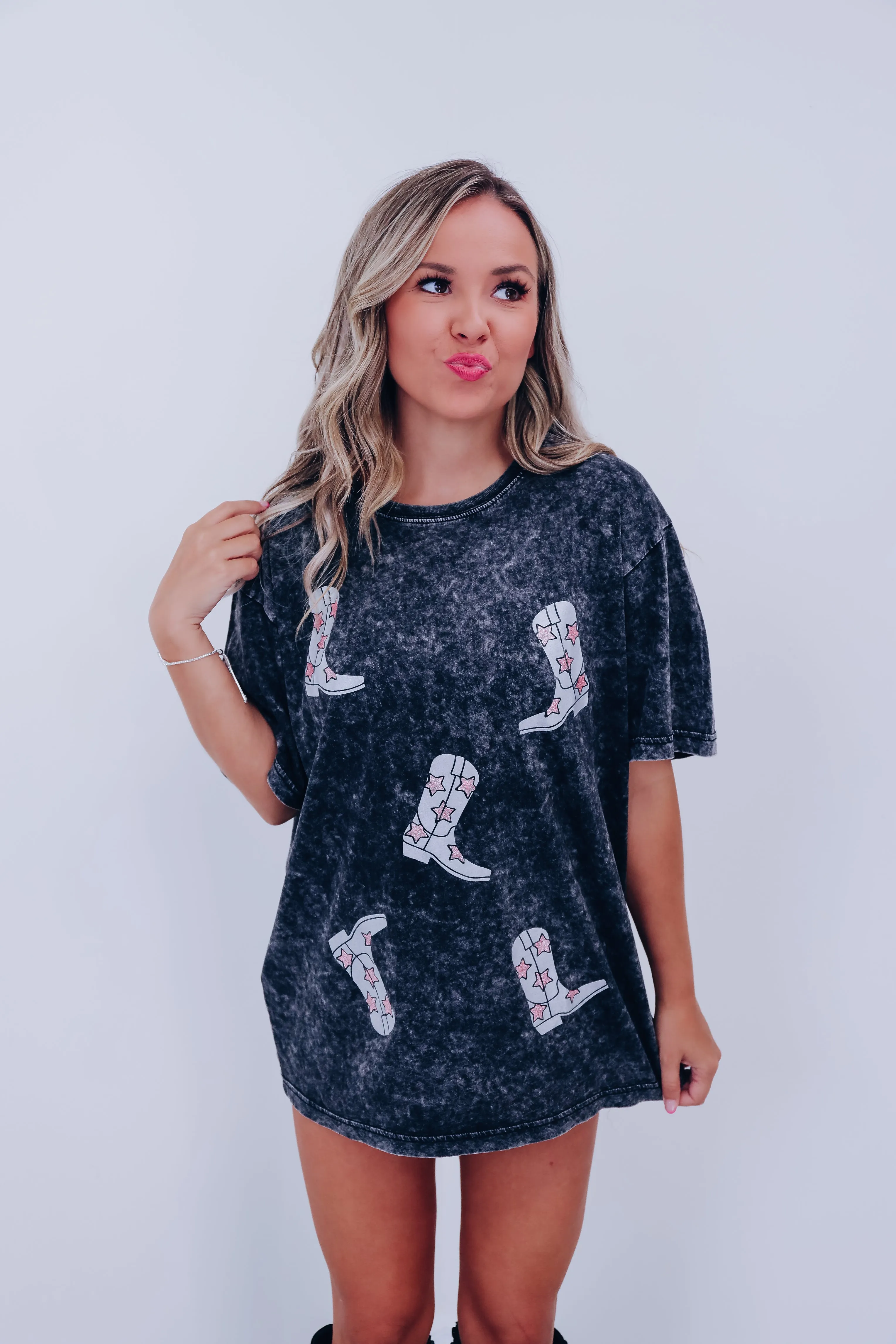 Glitter Cowboy Boots Graphic Tee - Black