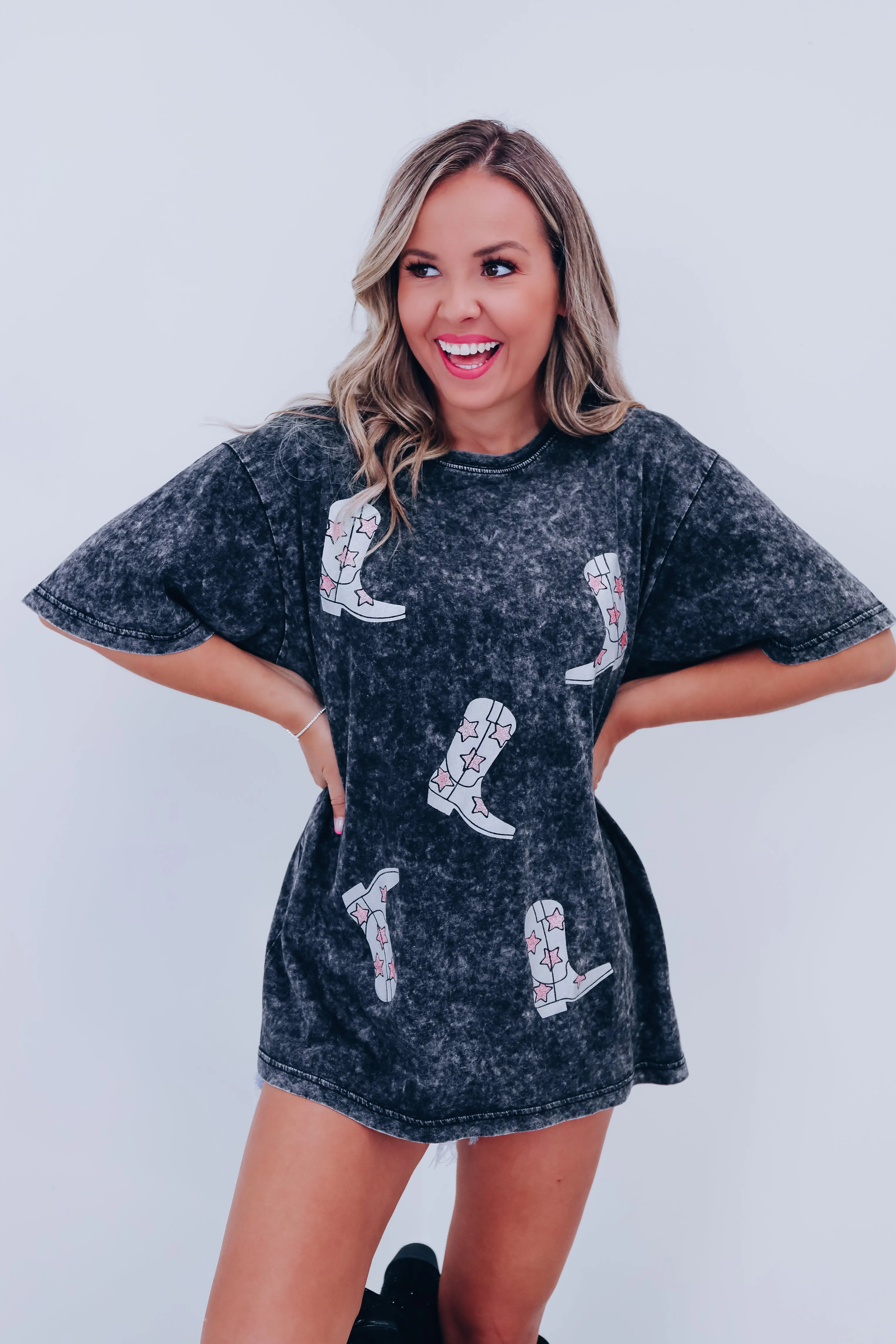 Glitter Cowboy Boots Graphic Tee - Black