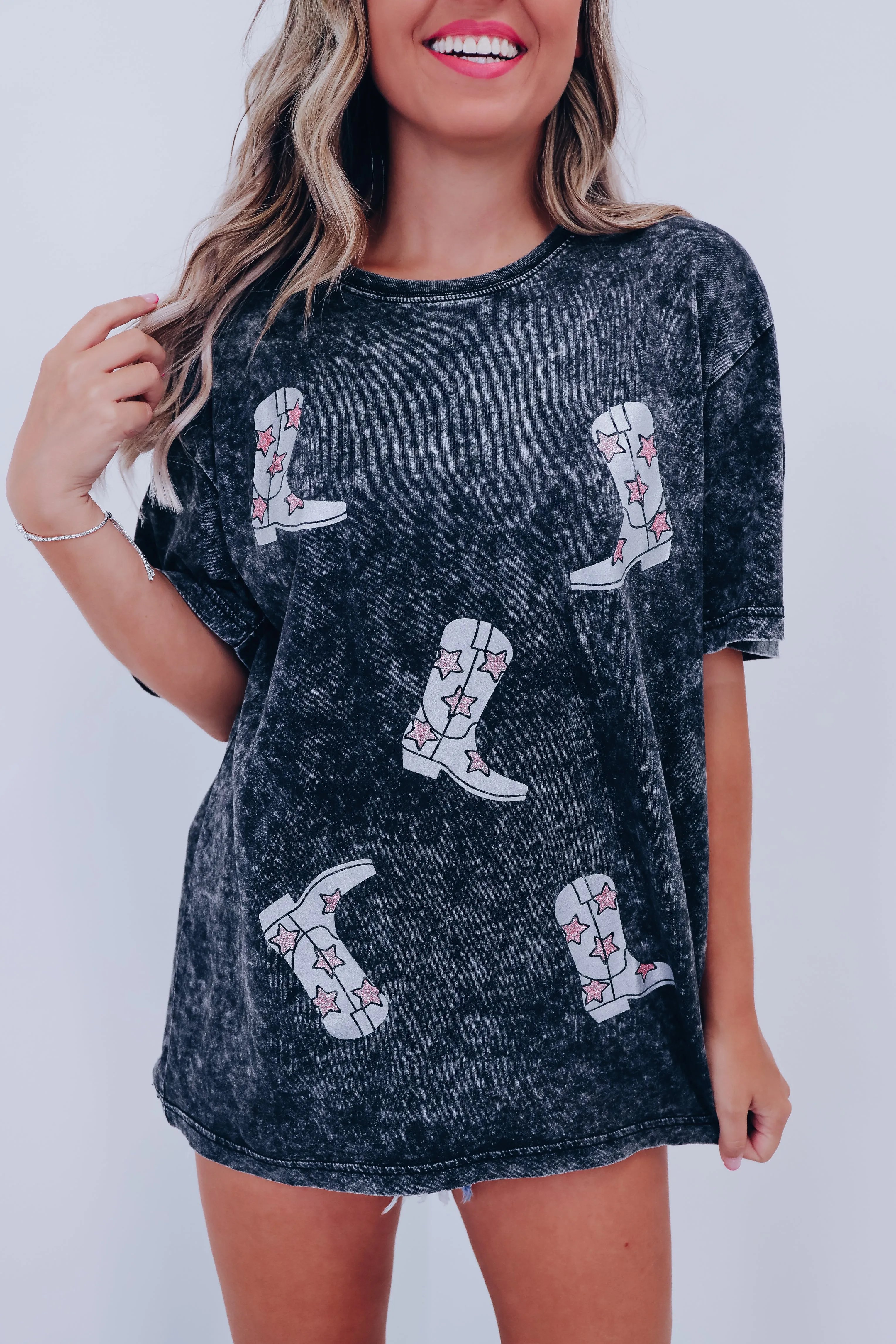 Glitter Cowboy Boots Graphic Tee - Black