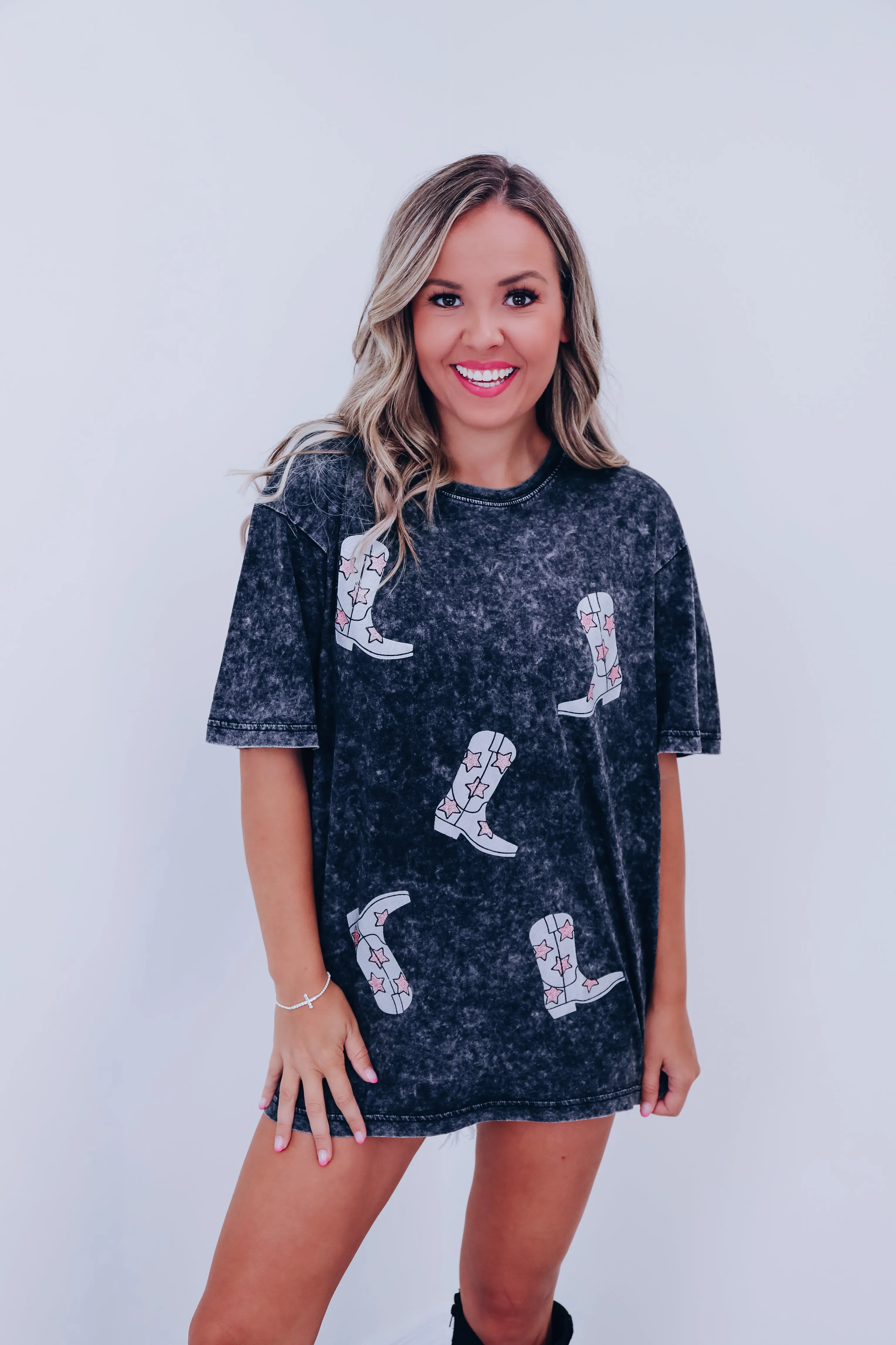 Glitter Cowboy Boots Graphic Tee - Black