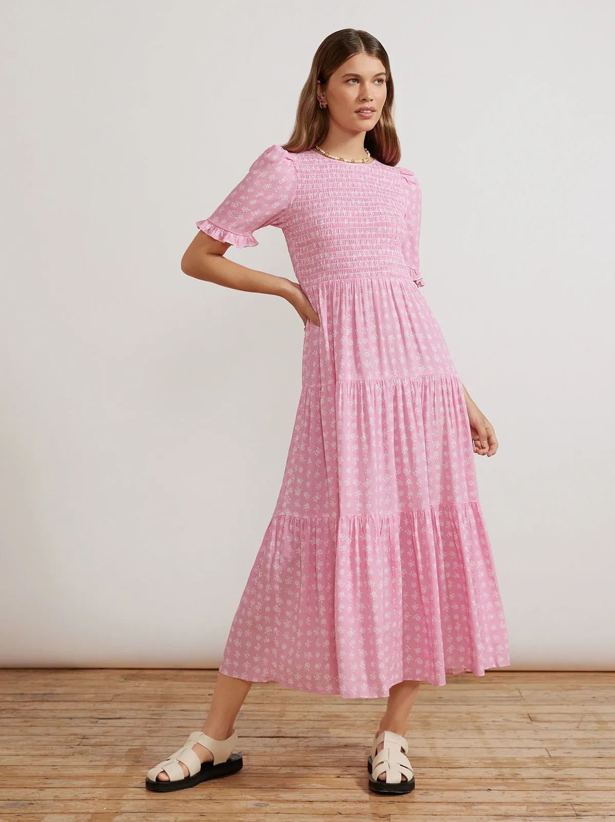 Gracie Pink Floral Shirred Dress