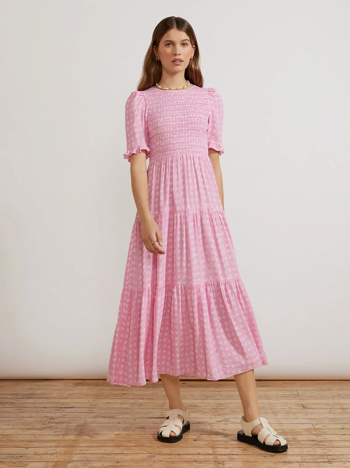 Gracie Pink Floral Shirred Dress