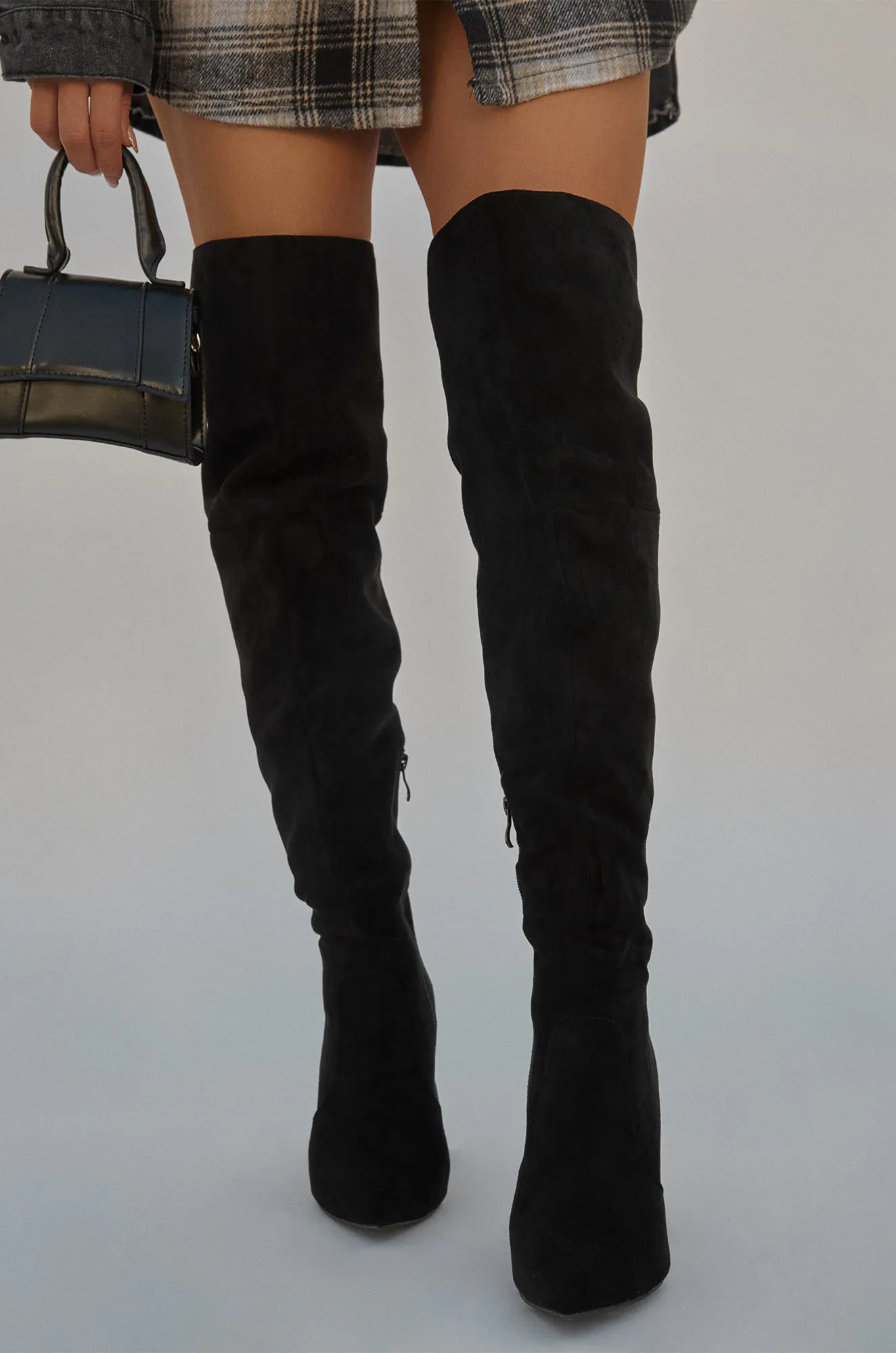 Kenedi Triangle Block Heels Boots - Black Suede