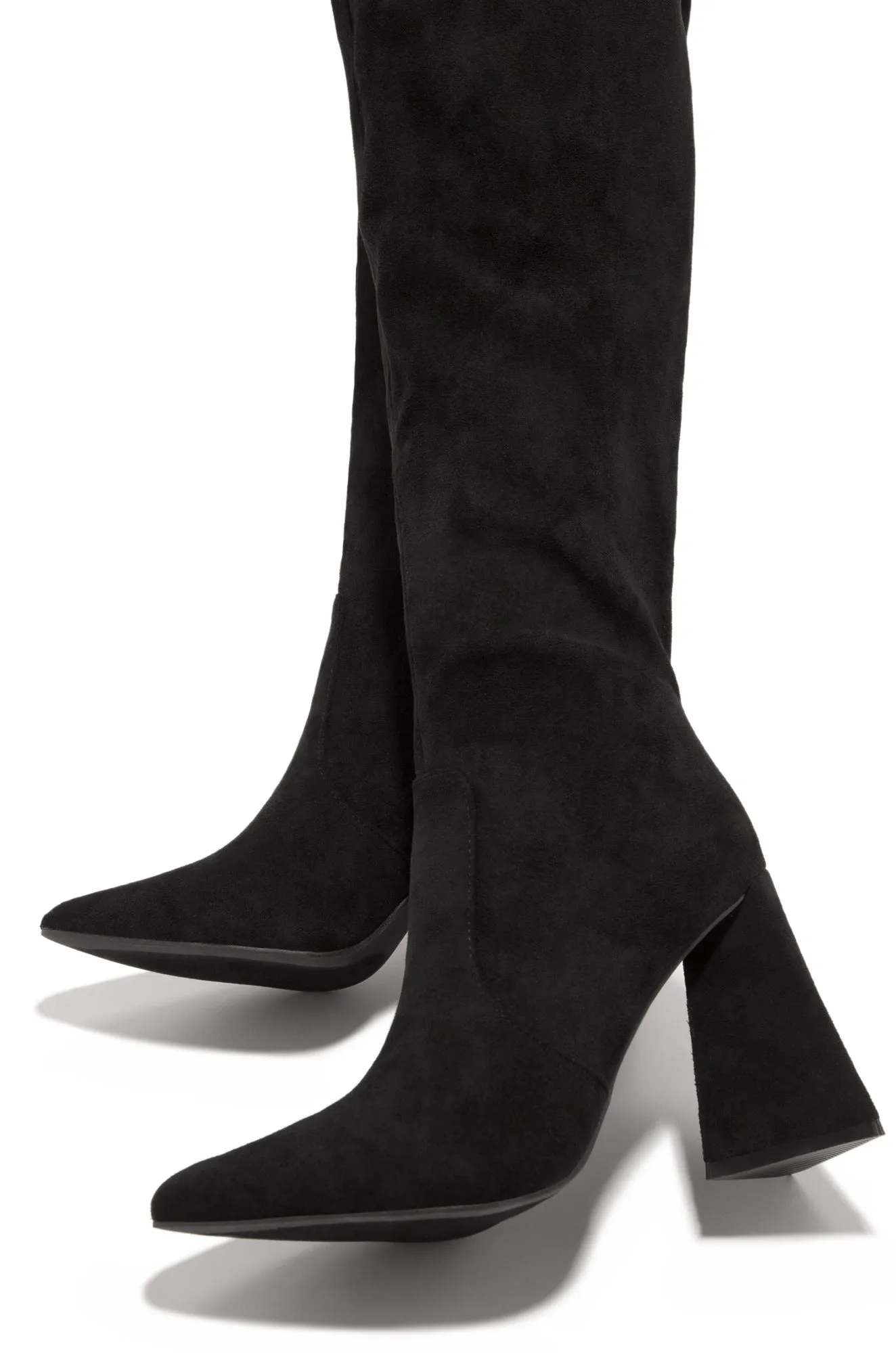 Kenedi Triangle Block Heels Boots - Black Suede