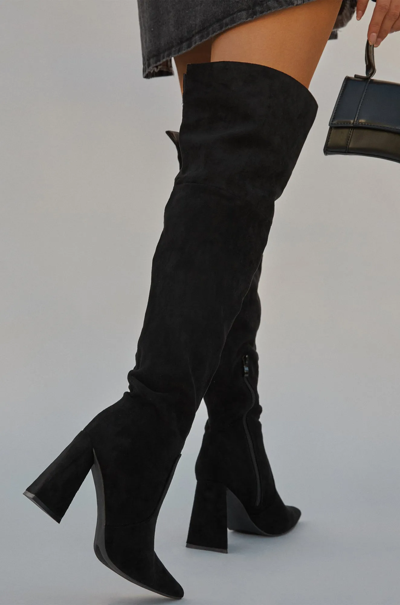 Kenedi Triangle Block Heels Boots - Black Suede