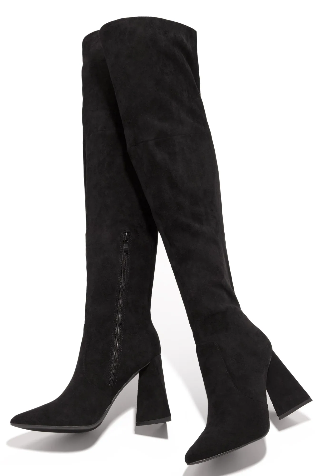 Kenedi Triangle Block Heels Boots - Black Suede