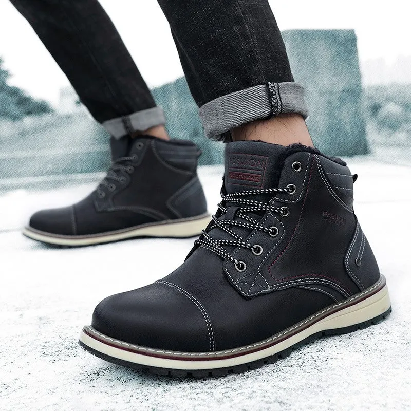 Man's fashion joker trendy leather flat thermal boots
