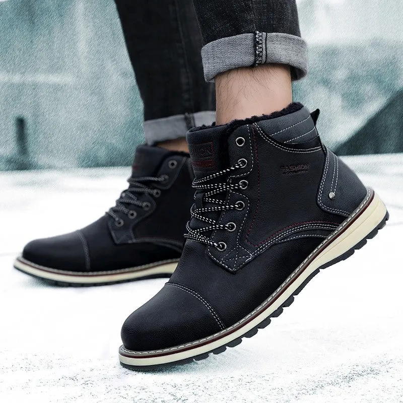 Man's fashion joker trendy leather flat thermal boots