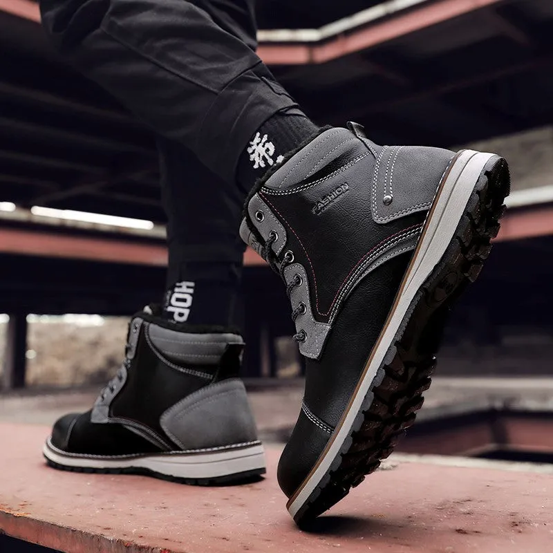 Man's fashion joker trendy leather flat thermal boots