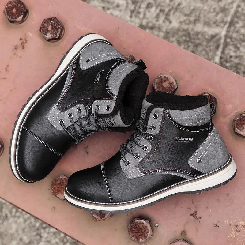 Man's fashion joker trendy leather flat thermal boots