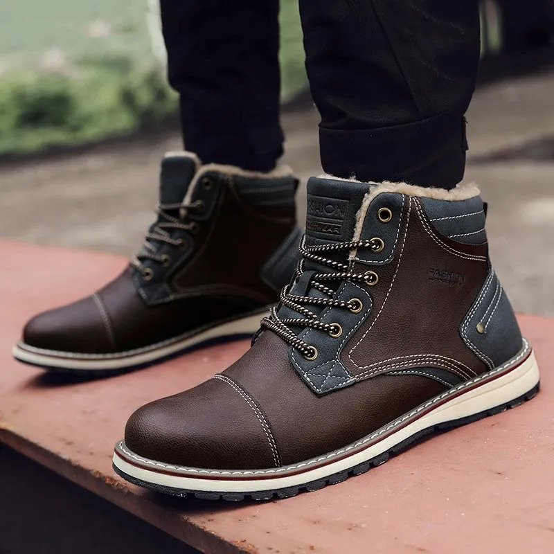 Man's fashion joker trendy leather flat thermal boots