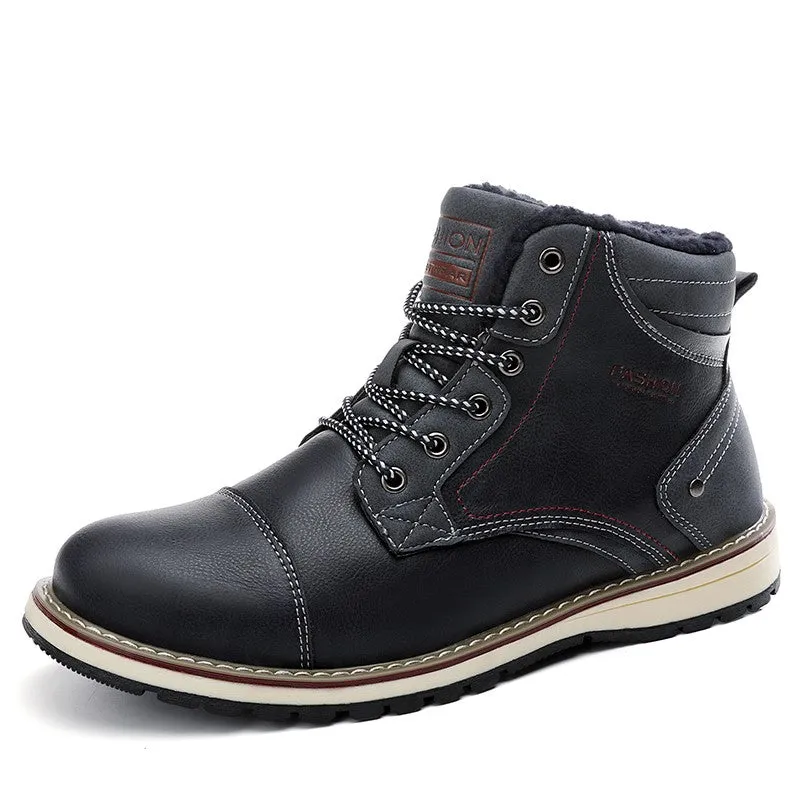 Man's fashion joker trendy leather flat thermal boots