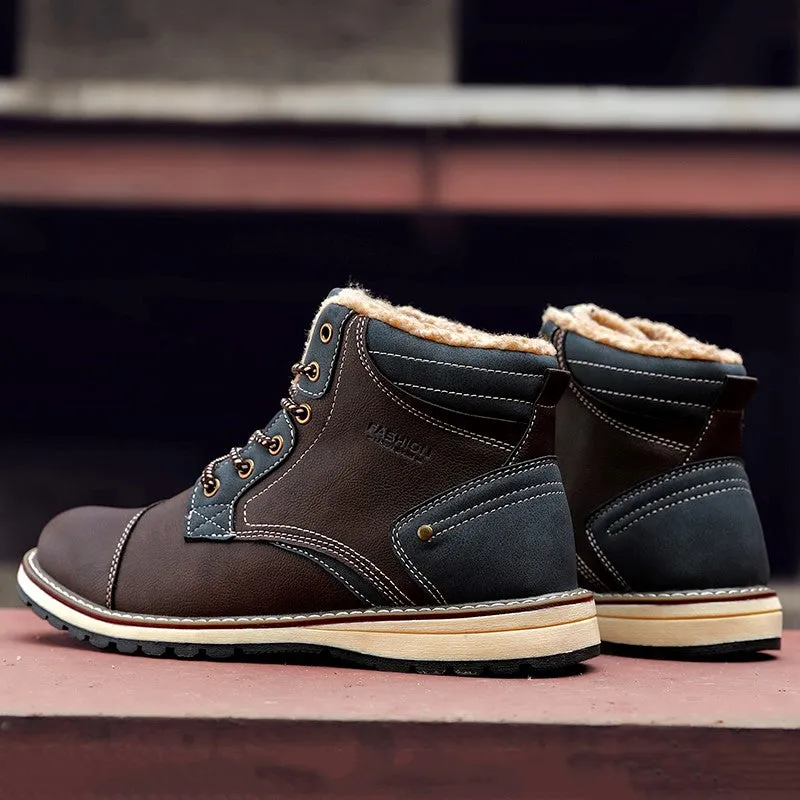 Man's fashion joker trendy leather flat thermal boots