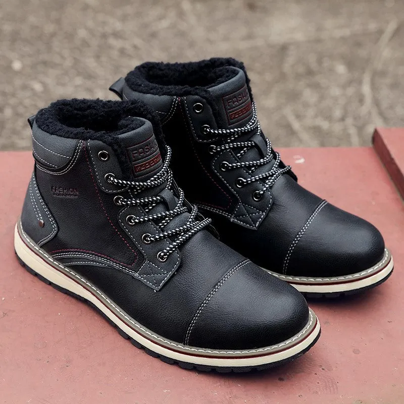 Man's fashion joker trendy leather flat thermal boots
