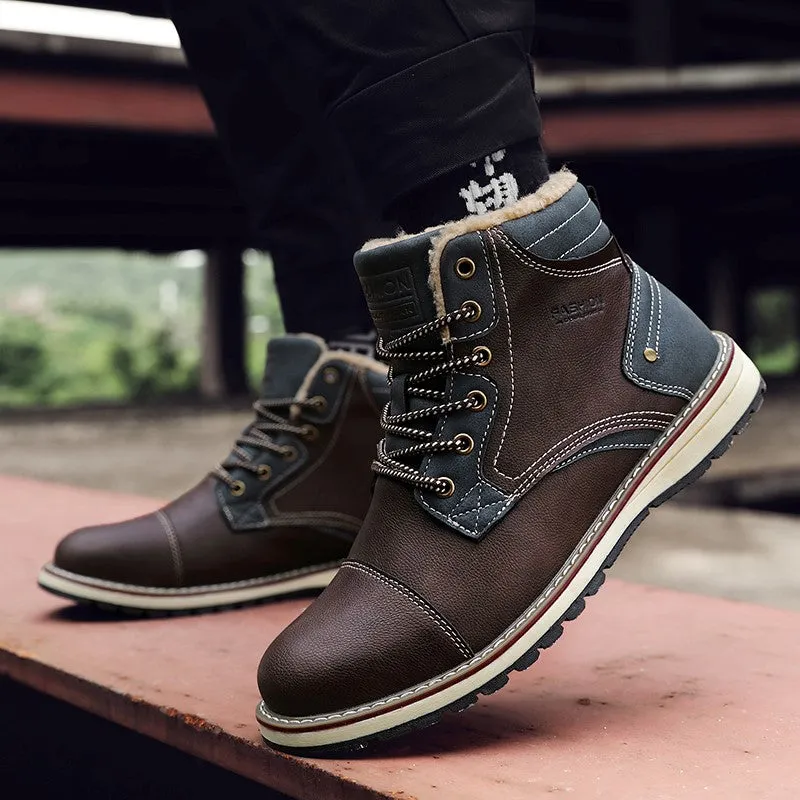 Man's fashion joker trendy leather flat thermal boots