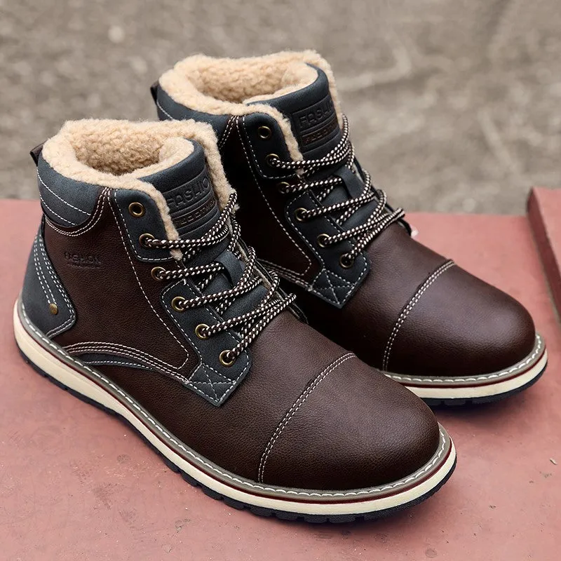 Man's fashion joker trendy leather flat thermal boots