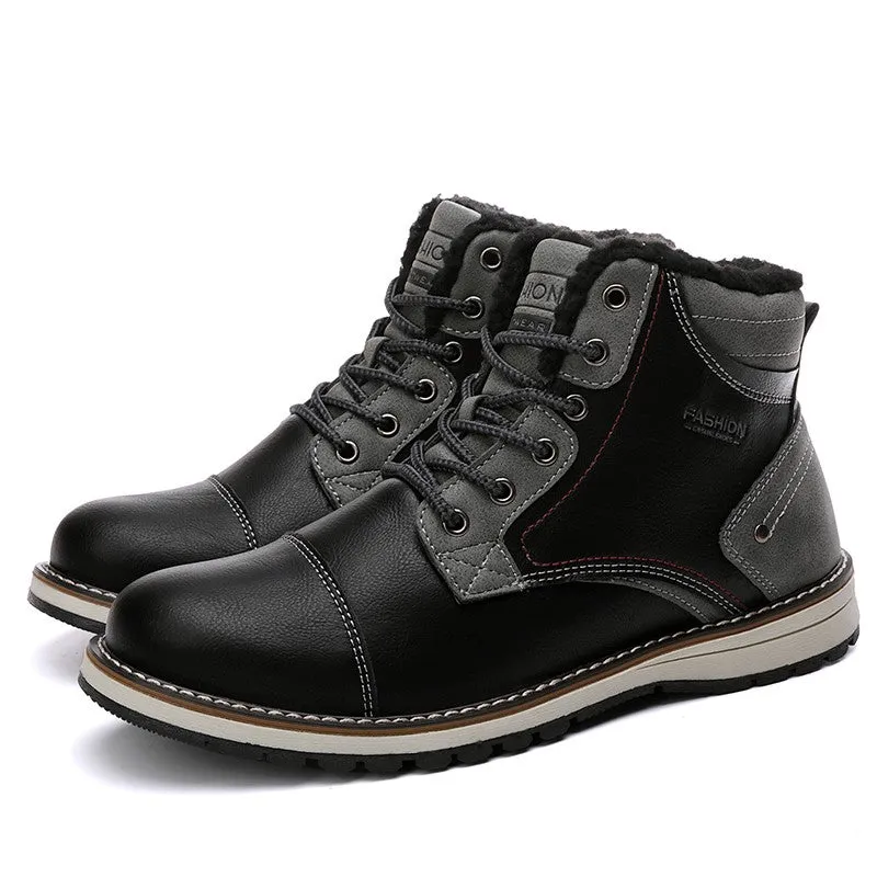 Man's fashion joker trendy leather flat thermal boots