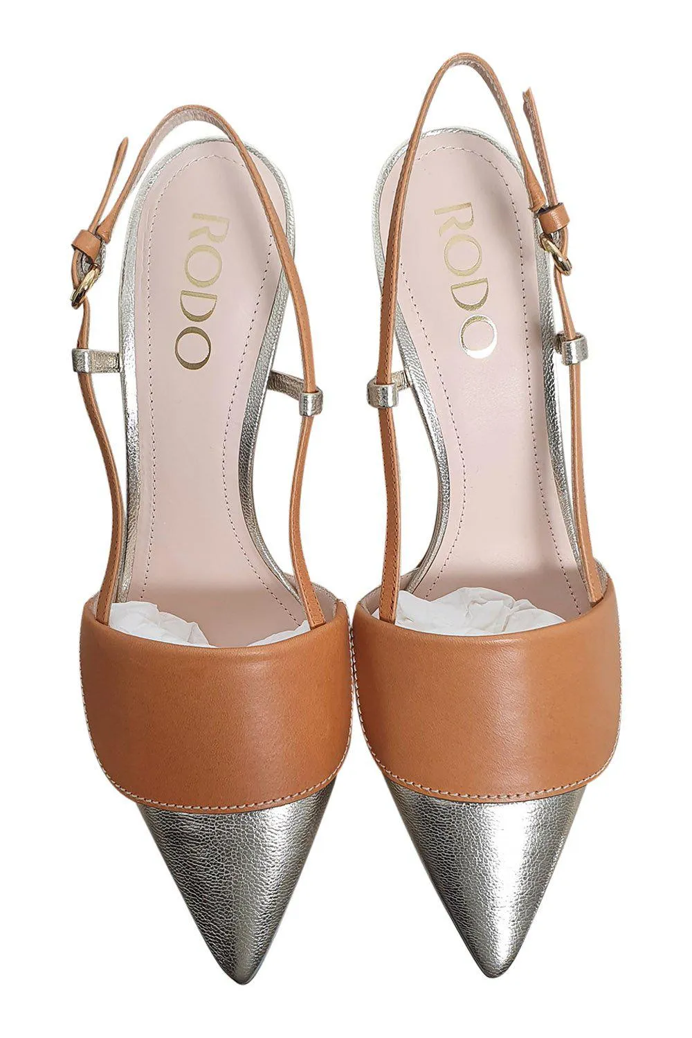 Rodo Platinum Nevada Gold And Nude Leather Slingback Heels (38)
