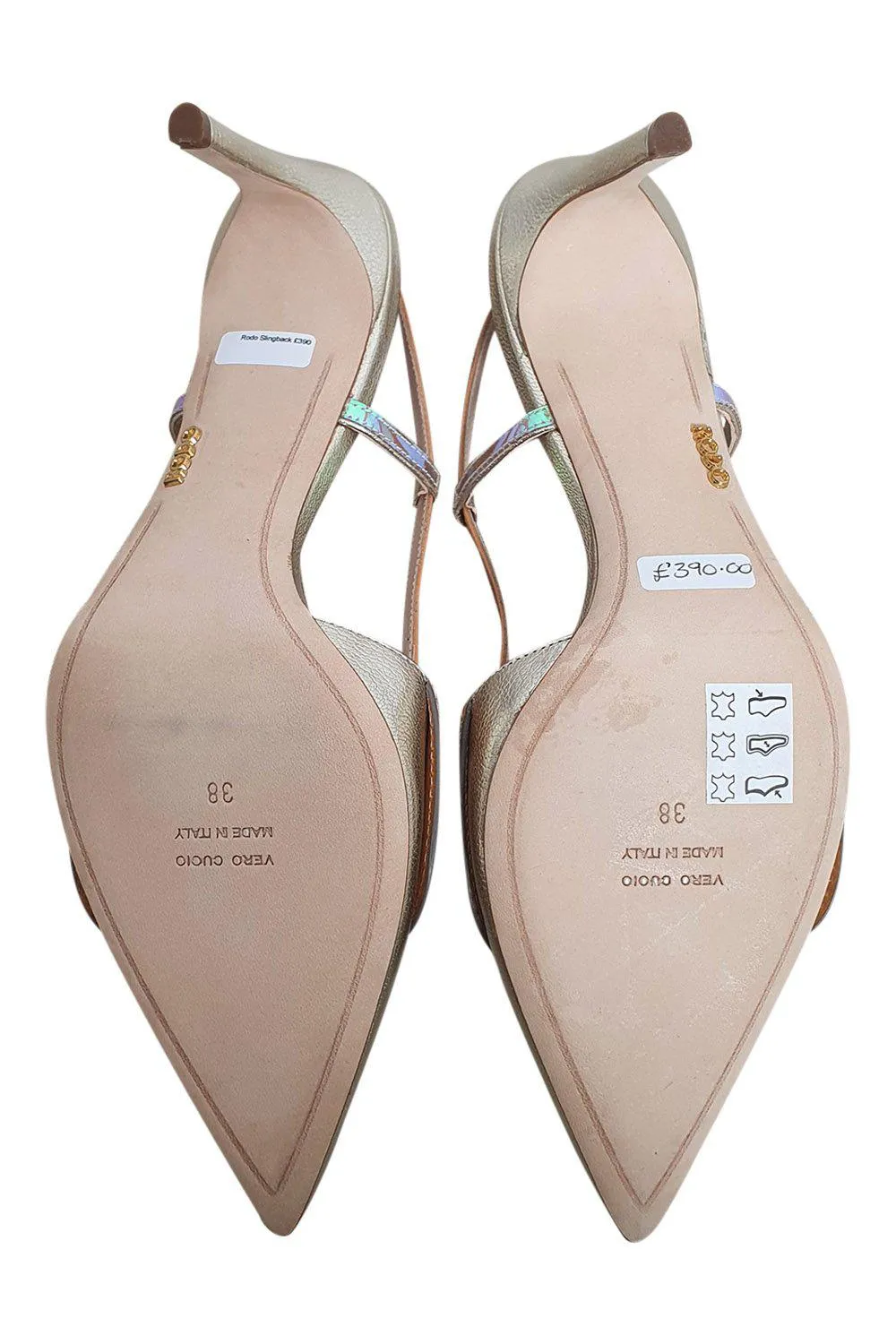 Rodo Platinum Nevada Gold And Nude Leather Slingback Heels (38)