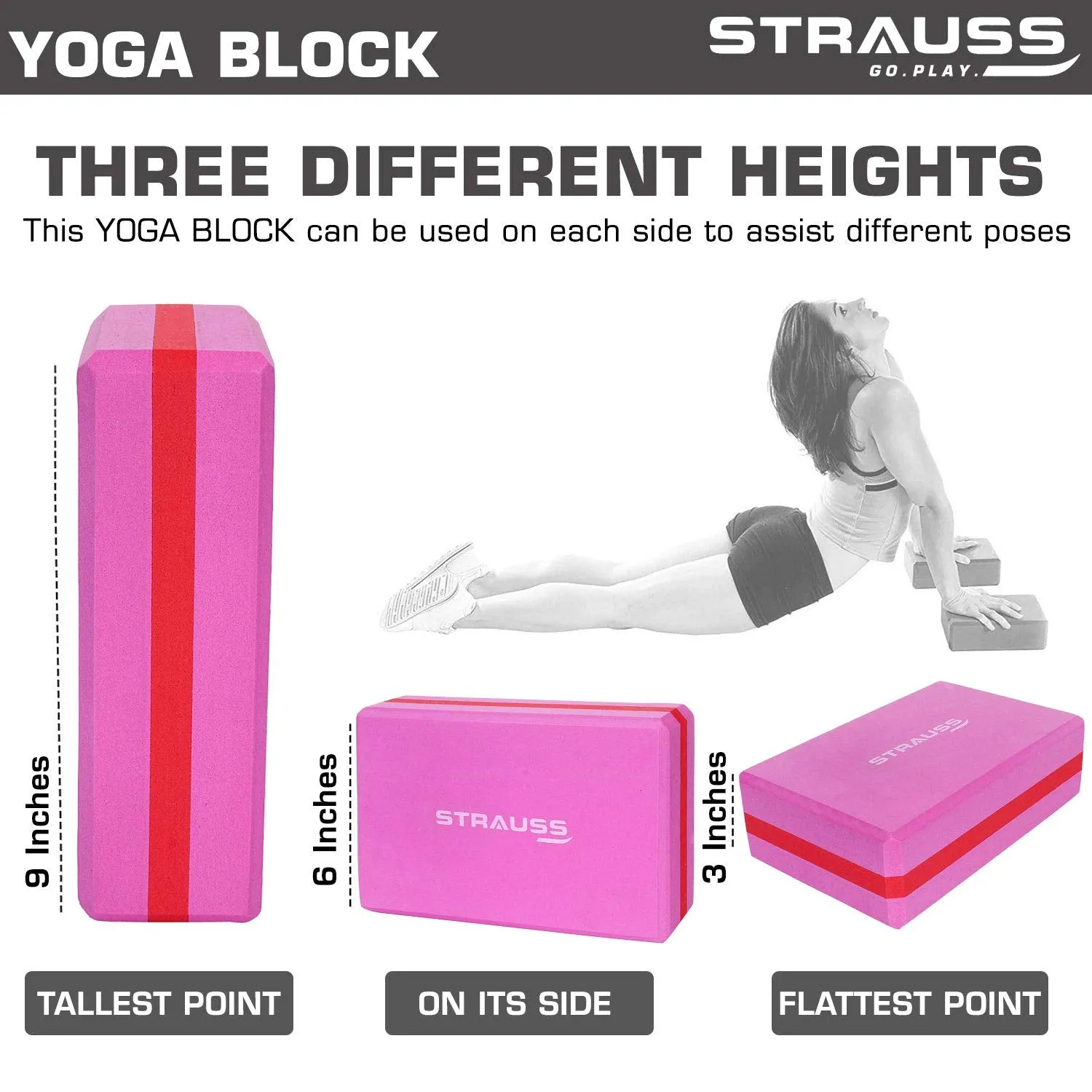 Strauss Yoga Mat 4mm Pink (Yogasana), Yoga Block Dual Color (Pink)  Pair and Yoga Belt (Orange)