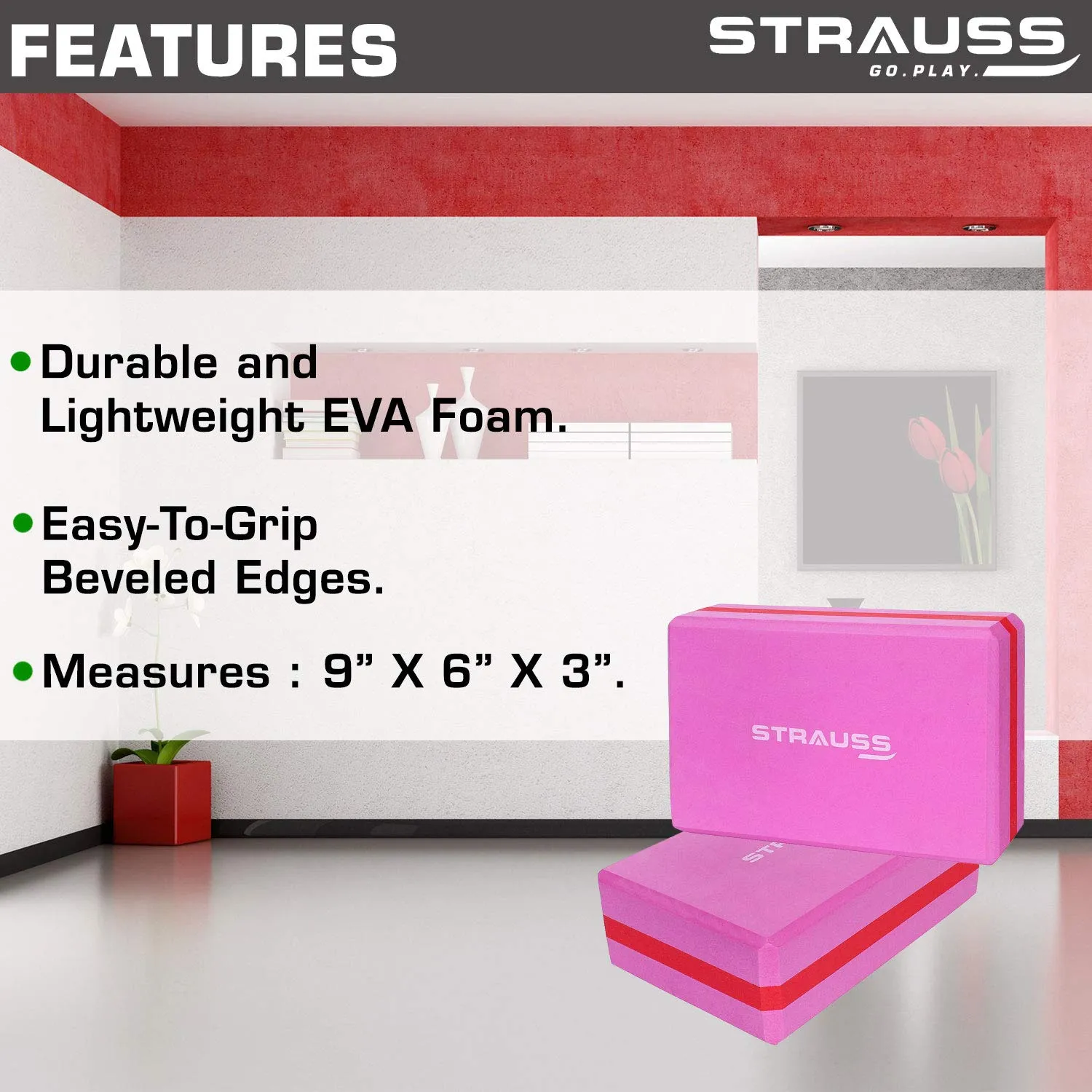 Strauss Yoga Mat 4mm Pink (Yogasana), Yoga Block Dual Color (Pink)  Pair and Yoga Belt (Orange)