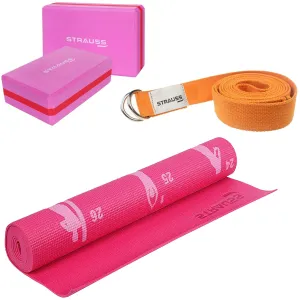 Strauss Yoga Mat 4mm Pink (Yogasana), Yoga Block Dual Color (Pink)  Pair and Yoga Belt (Orange)