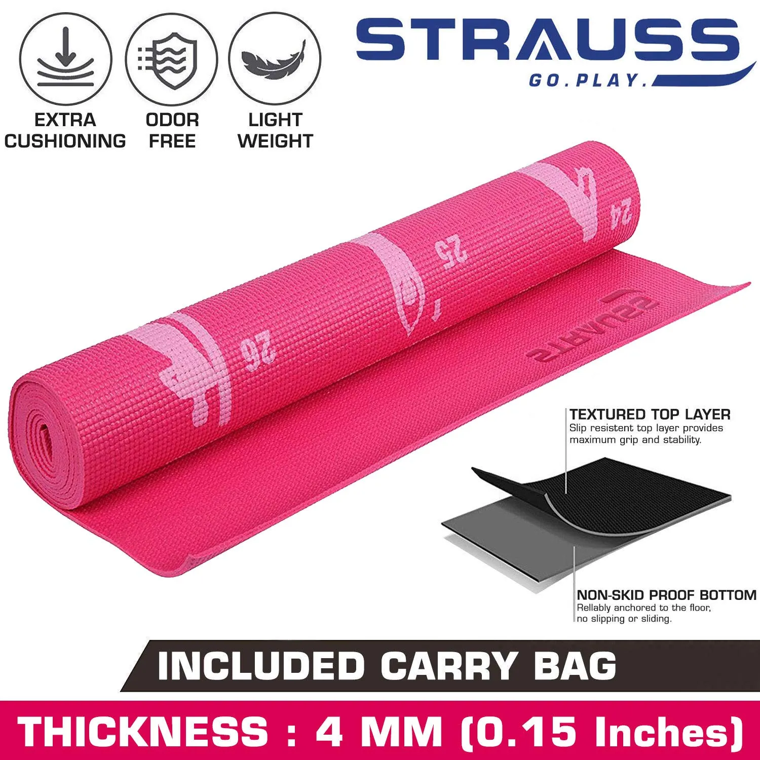 Strauss Yoga Mat 4mm Pink (Yogasana), Yoga Block Dual Color (Pink)  Pair and Yoga Belt (Orange)
