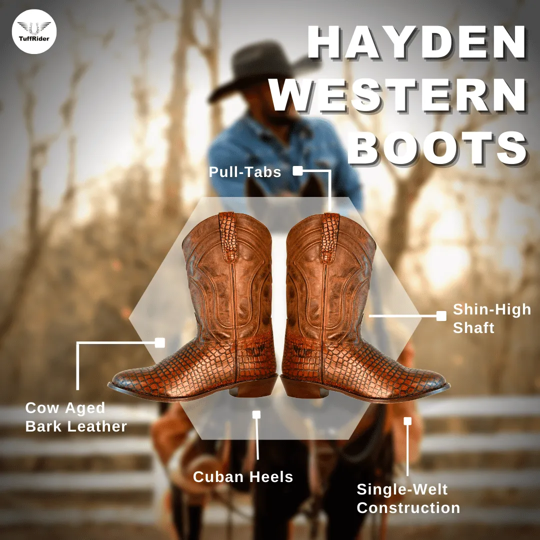 TuffRider Men's Hayden Leather Printed Wide Round Toe Western Boots