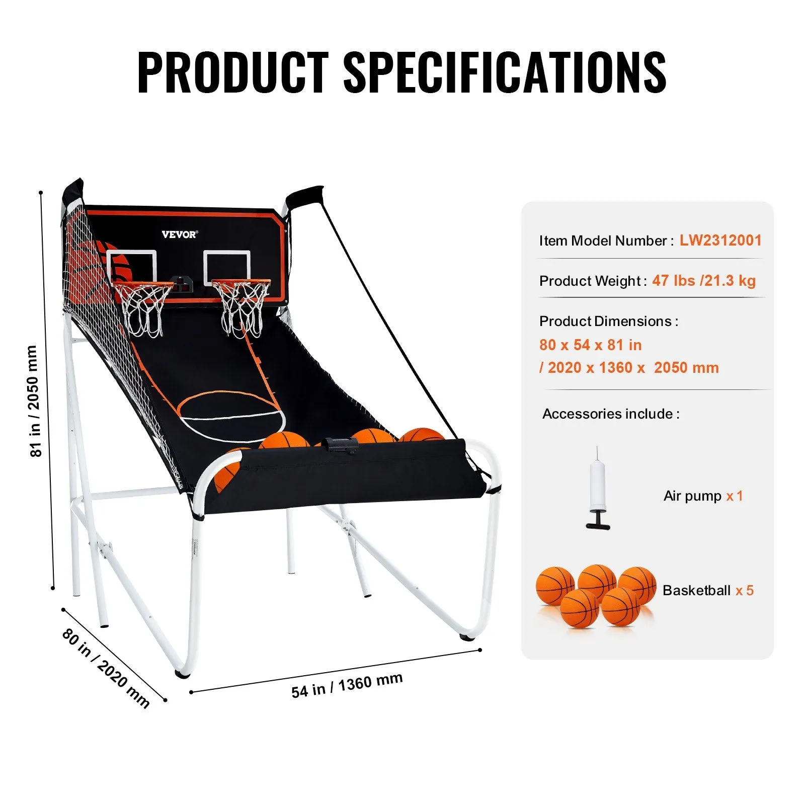 Vevor Arcade Basketball Game Foldable 2 Player with 5 Balls Electronic Scoreboard New