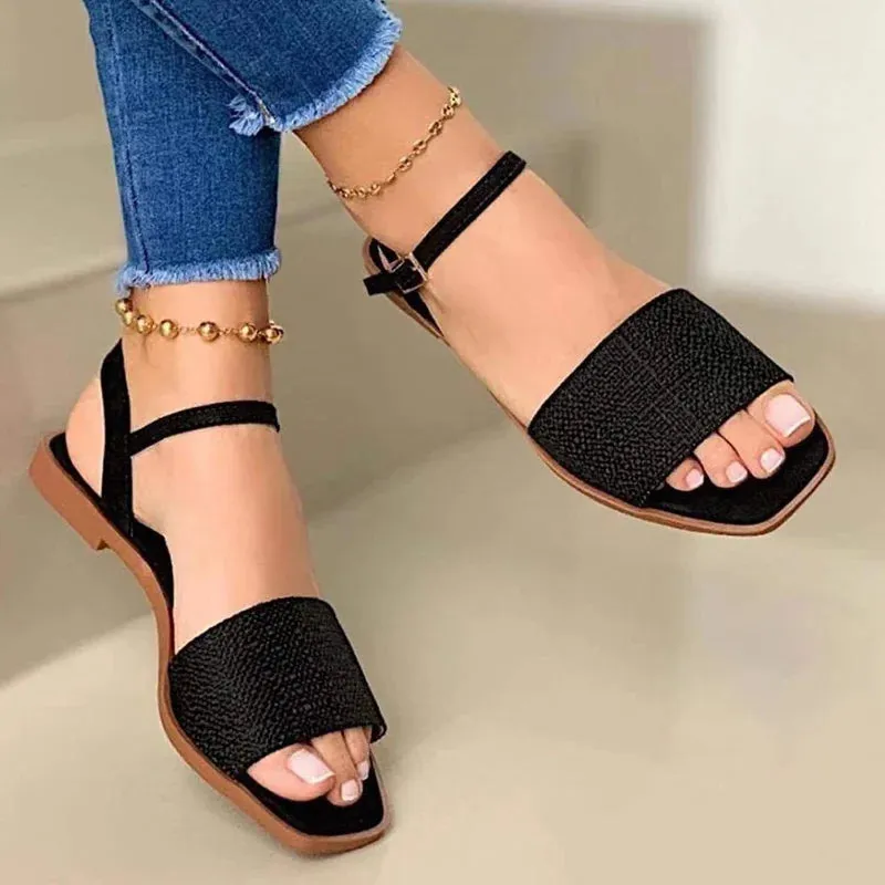 Women High Quality Summer Sandals Solid Color Low-heeled One Word Buckle Open Toe Beach Sandals - WSD50218