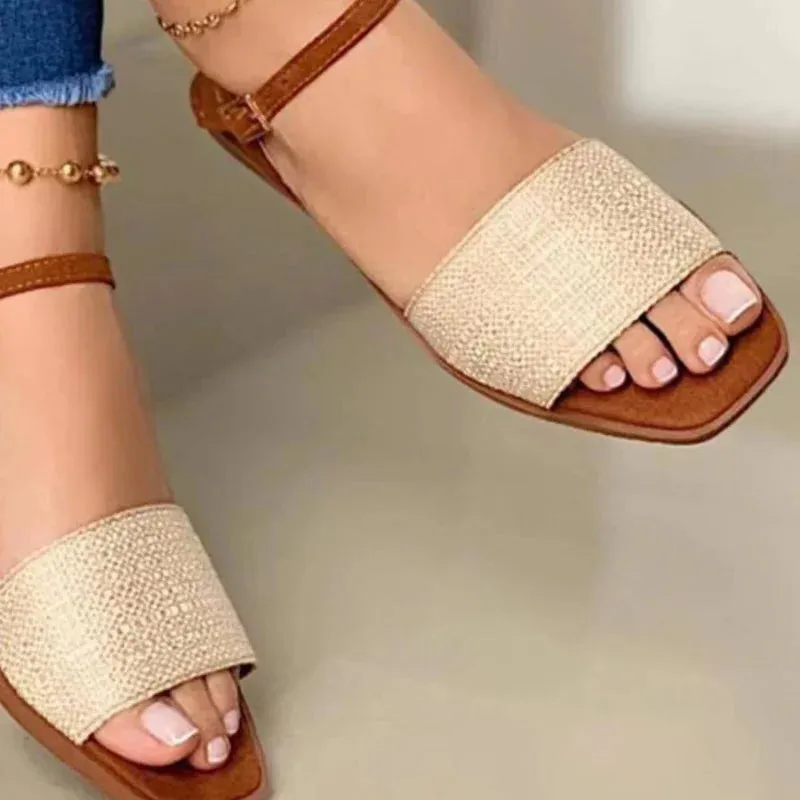 Women High Quality Summer Sandals Solid Color Low-heeled One Word Buckle Open Toe Beach Sandals - WSD50218