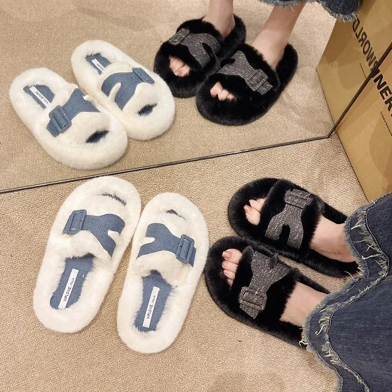 Women's Fuzzy Slippers with Buckle